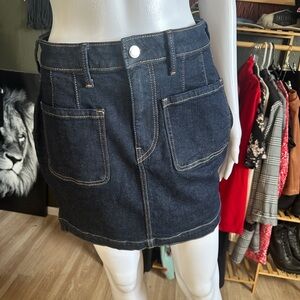 New True Religion Dark Denim Skirt with Leather Patch